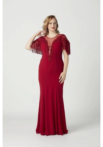 Moda Berray 8009 Işlemeli Püsküllü Büyük Beden Uzun Abiye Kırmızı Kırmızı