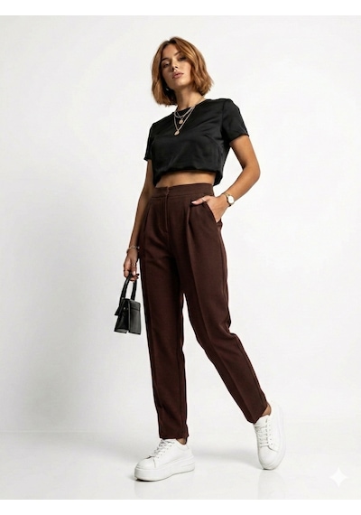 Ribana Classic Kadın Dar Paça Pileli Mevsimlik Klasik Moda Kumaş Pantolon 4687 Kahverengi