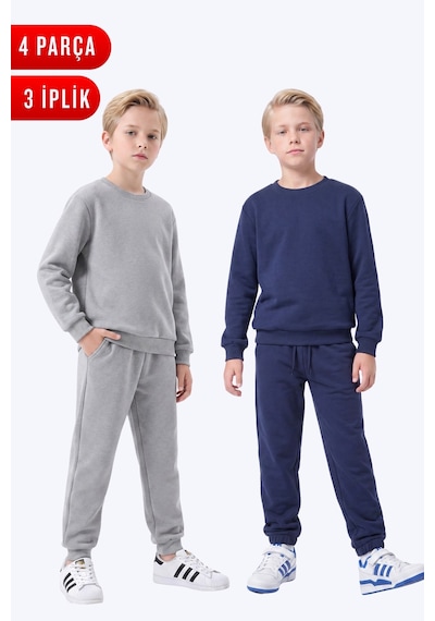 Fyk Kids 3 İplik Düz Erkek Çocuk Çift Cepli Bisiklet Yaka 2'li Eşofman Takımı Gri - Lacivert