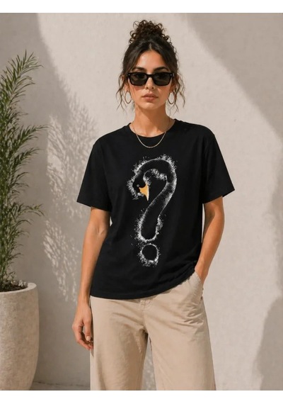 Efnaz Style Kuğu Figürlü Soru İşareti Baskılı Tişört Kısa Kol T-shirt - Siyah
