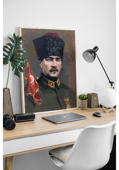 Mustafa Kemal Atatürk İllüstrasyon Portre Tablo Poster Ahşap Çerçeveli