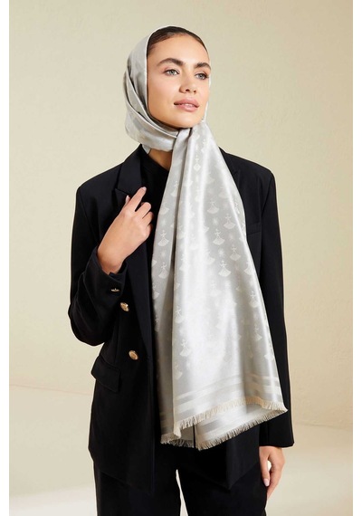 Imannoor Karanfil Monogram Gri İpek Şal 68x200 Gri