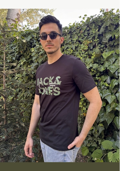 Jack & Jones 12215700 Techlogo Bisiklet Yaka Logolu Erkek Tişört Siyah Beyaz