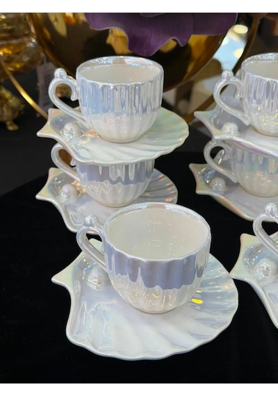 Deco Vien İncili Porselen Kahve Fincan Takımı Platin Beyaz