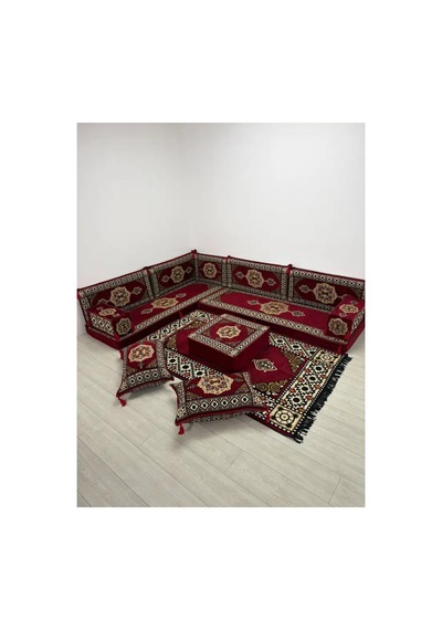 Güneş Modeli Bordo Otantik Şark Köşesi Takımı L Set - Geleneksel Yer Minderi Seti 10 Cm Minder Kalınlığı 13 Parça