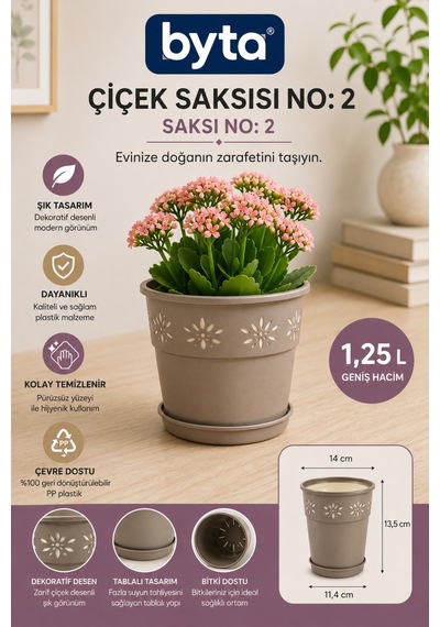 1,25 L Dekoratif Çiçek Saksısı No:2 Tablalı, Pp Plastik, İç Ve Dış Mekan Bitki Saksısı