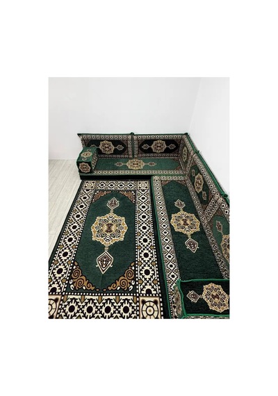 Güneş Modeli Yeşil Otantik Şark Köşesi Takımı L Set - Geleneksel Yer Minderi Seti 10 Cm Minder Kalınlığı 10 Parça