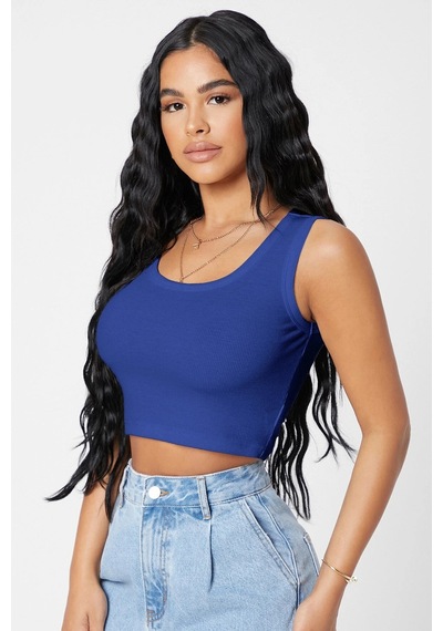 Angbutik Kadın Lacivert Kare Yaka Crop Top Bluz