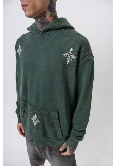 Respire Erkek 10 Baskılı Yıkamalı Kapüşonlu Oversize Hoodie Yeşil