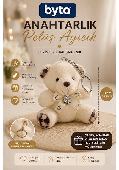 Peluş Ayıcık Anahtarlık 10 Cm Sevimli Çanta Süsü Ve Anahtar Aksesuarı - Hediyelik Ekru