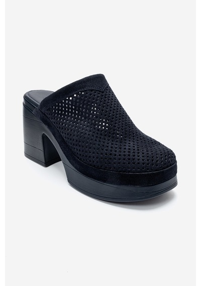 Luvishoes Dejas Lacivert Süet Hakiki Deri Delikli Kadın Kalın Topuklu Terlik