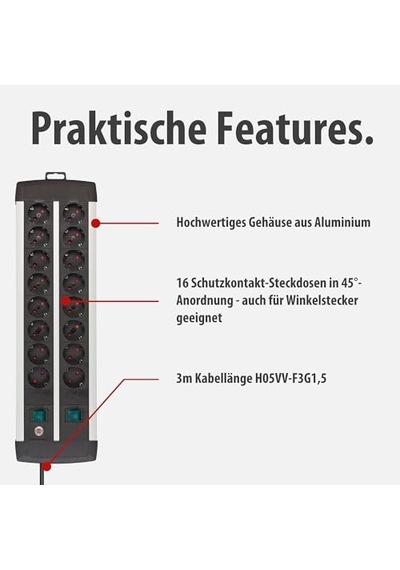 Brennenstuhl Premium-alu-line, Güç Şeridi 16 Soketli-2 Anahtarlı-3 Metre Priz
