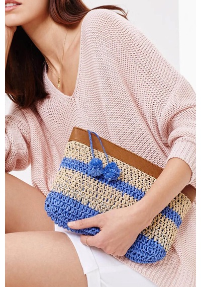 Kadın Çizgili Clutch & Small Bag Bej & Mavi Renk, Fermuarlı Doğal