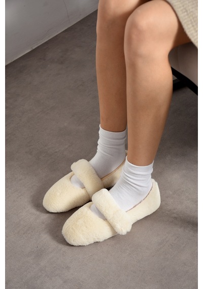 Nmoda Ultra Yumuşak Peluş Kadın Ev Babeti Ses Yapmaz Hafif Taban Panduf Ekru