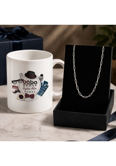 Bk Gift Kişiye Özel Babalar Günü Tasarımlı Beyaz Kupa & Ataç Zincir Kolye -14, Babalar Günü Hediyesi Gümüş