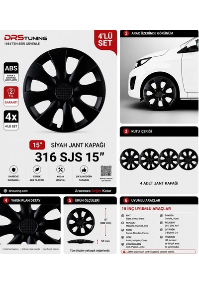 Tata Uyumlu 15 Inç Kırılmaz Parlak Siyah Jant Kapağı 1 Takım 4 Adet No:316