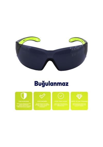 Tr İş Güvenlik Gözlüğü Buğulanmaz Lazer Uv Koruyucu Toz Korumalı Gözlük Silikon Kulaklık Siyah