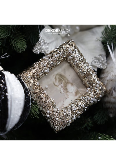 Yılbaşı Süsü Taşlı Kare Çerçeve Şampanya 12 Cm