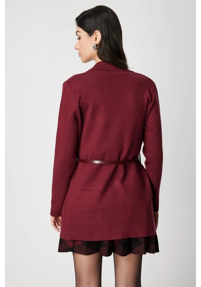 On Fashion Kadın Önü Açık Cepli Kemerli Bordo Hırka 69907 Bordo