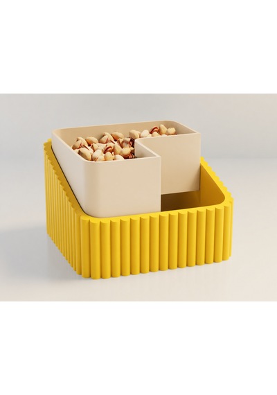 3d Baskı Fıstık Kasesi - Çift Hazneli Kabuk Ayırıcı Sunum Kasesi - Sarı Bej