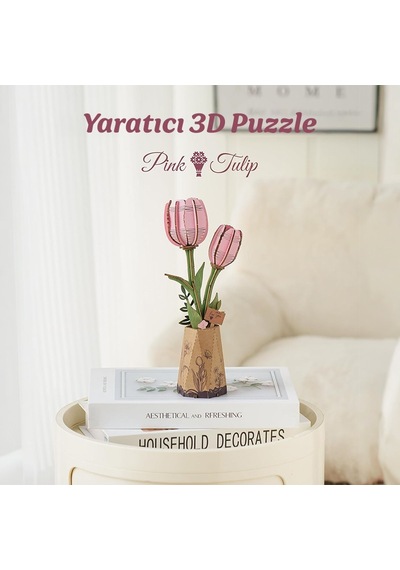 Rowood Tw082 Pembe Lale Çiçek Pink Tulip Dıy Minyatür Maket Model Ahşap 3d Wooden Puzzle Model Kit Ahşap Maket Dekoratif Hobi Seti