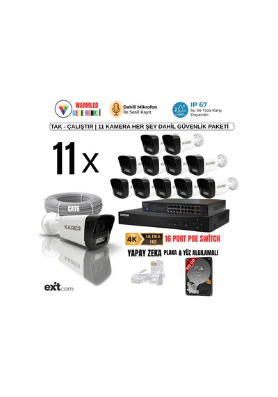 Exitcam 11 Kameralı 5mp Ip Poe Güvenlik Seti 16 Kanal Nvr, 320 Gb Hdd, Sesli Kayıt, Renkli Gece Gö