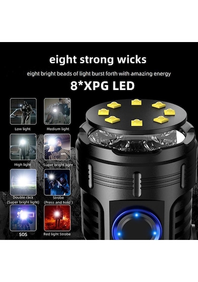 8+1 Led Şarjlı Çantalı Cree Q8 + Xpg Led Mıknatıslı El Feneri 7 Modlu Watton 623 Siyah