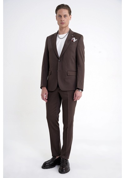 Efor Slim Fit Mono Yaka %97 Tencel Kumaş Çift Yırtmaç Esnek Kahverengi Takım Elbise Tk 941