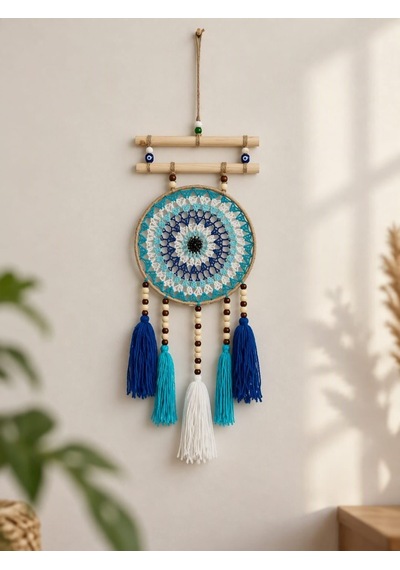 Nazar Motifli Düş Kapanı Rüya Kapanı Dream Catcher Mavi Püsküllü Bohem Duvar Süsü Bohem El Yapımı Düş Kapanı