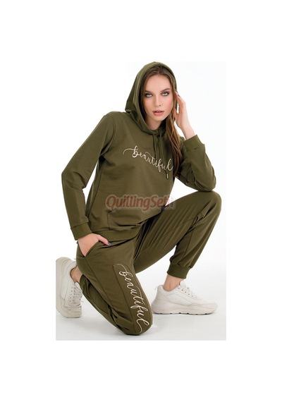 Lady Uzun Kol 22066 Kapüşonlu Ve Kanguru Cepli Haki Renk Kadın Spor Eşofman Takımı