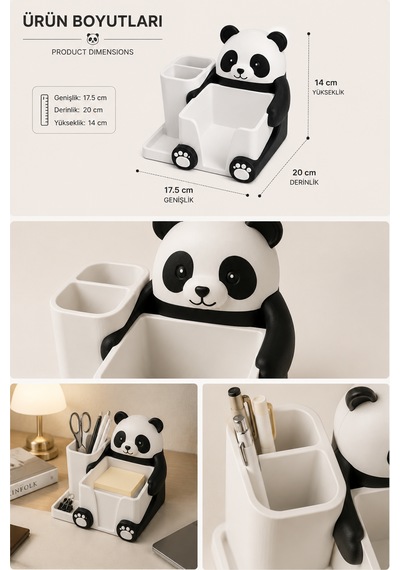 Panda Tasarımlı Masaüstü Organizer Kalemlik Notluk Ofis Çalışma Masası Düzenleyici Siyah Beyaz