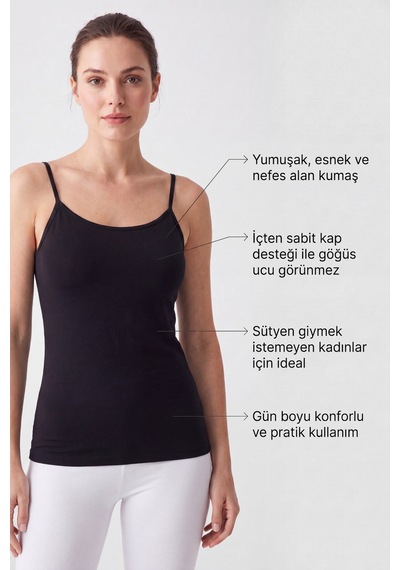 Arma Yıldız Kadın Pedli Atlet İçten Sabit Kaplı Pamuklu Likralı İp Askılı Sütyenli Atlet Siyah