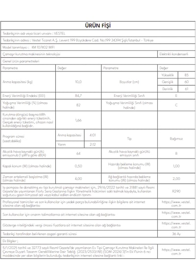 Vestel KM 107402 WIFI 10 KG Kurutma Makinesi