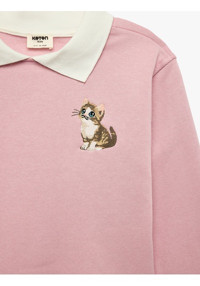 Koton Kedi Nakışlı Uzun Kollu Polo Yaka Sweatshirt Lila 7wkg10110ak