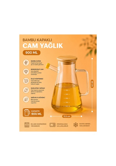 Bambu Kapaklı Borosilikat Cam Yağdanlık 900 Ml Masterchef Şeffaf