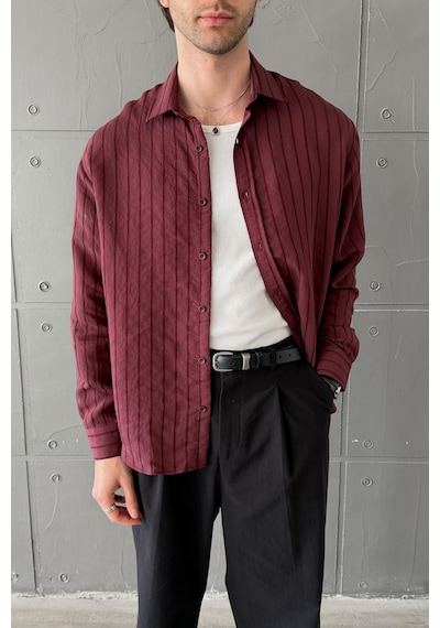 Erkek Oversize Çizgili Modal Gömlek Bordo