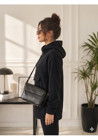 Kadın Siyah Kapşonlu Polar Sweatshirt