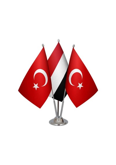 Masa Üstü Yemen Bayrağı Türk Bayrağı Üçlü Krom Direk Masa Bayrak