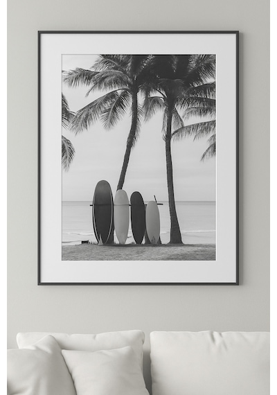Surfboard Beach - Gerçek Cama Baskı Siyah Alüminyum Metal Çerçeveli Tekli Modern Tablo