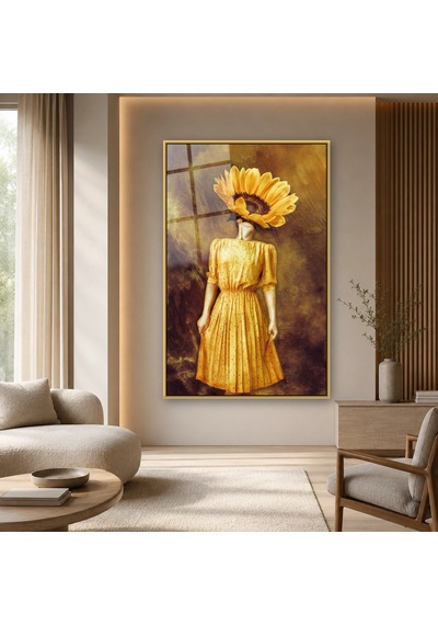 Ayçiçeği Başlı Sarı Elbiseli Kadın Gold Çerçeveli Cam Tablo
