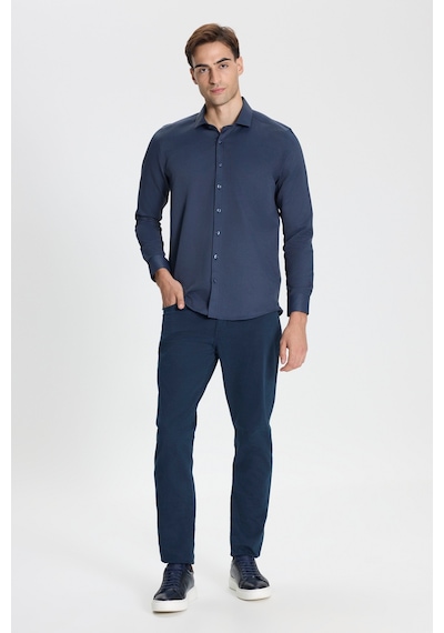 George Henry Pamuklu Oxford Slim Fit Dar Kesim İtalyan Yaka Armürlü Gömlek Lacivert