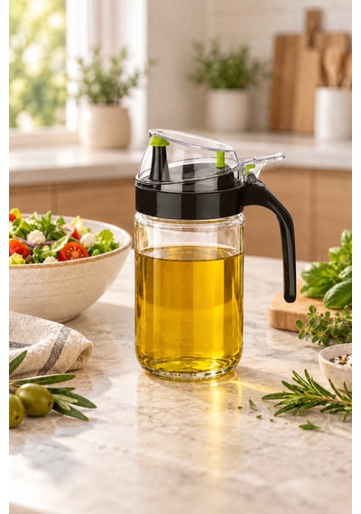 Cam Yağdanlık Ve Zeytinyağlık 660 Ml & Yaylı Otomatik Kapaklı, Sızdırmaz Yağ Şişesi Siyah - 927543623 Siyah