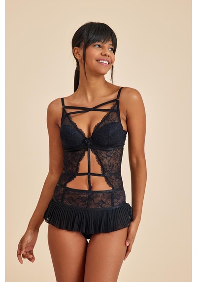 Amarelle Roma Siyah Balenli Dantel Detaylı Babydoll