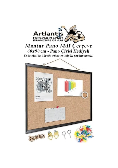 Mantar Pano Mdf Çerçeve 60x90 Cm 1 Adet Harita Çivisi Hediyeli Duvara Monte Mantar Çerçeve Evde Okulda Büroda Ofis Diğer
