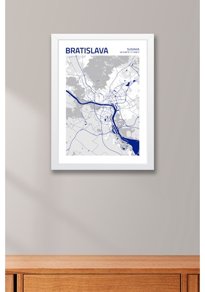 Bratislava Slovakya Haritası Çerçeveli Tablo Lüks Salon Ofis Duvar Dekorasyonu Hediyelik Tablo Beyaz