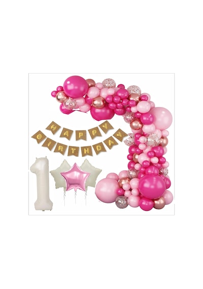 1 Yaş Kraft Gold Banner, 30 Adet Pembe, Gold, Metalik Pembe,şeffaf Balon 1 Pembe 2 Bej Yıldızlı Doğum Günü Seti