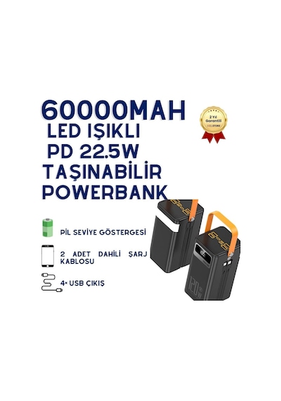 60000mah Led Işıklı Taşınabilir Powerbank-1493 Siyah