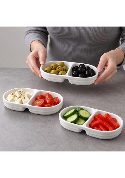 2 Bölmeli Porselen Çerezlik 3 Lü Set, 17 10 2,2 Cm, Beyaz Oval Kuruyemiş Ve Kuru Meyve Tabağı, Kahvaltılık Zeytinlik, Meze Ve Atıştırmalık Sunum Tabağı, 3 Adet