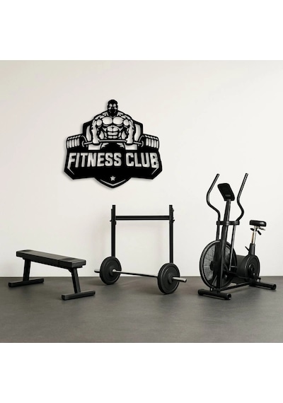 Fitness Club Amblem Tasarımlı Metal Duvar Tablosu Siyah