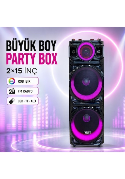 Ndr Ndr1526 Çift Karaoke Mikrofonlu Bluetooth Hoparlör Fm Radyo 100w 2x15 İnç Rgb Kumandalı Siyah